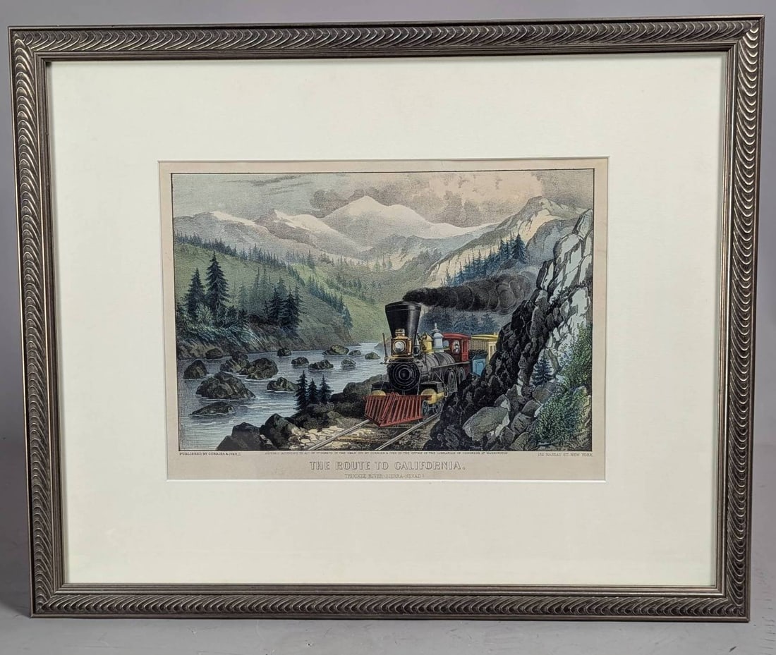 Currier and Ives Lithograph Depicting Train Route to California: Color lithograph published by Currier and Ives, titled The Route to California, featuring a scenic view of the Sierra Nevada Mountains with a train traveling along the Truckee River. Created in 1871,