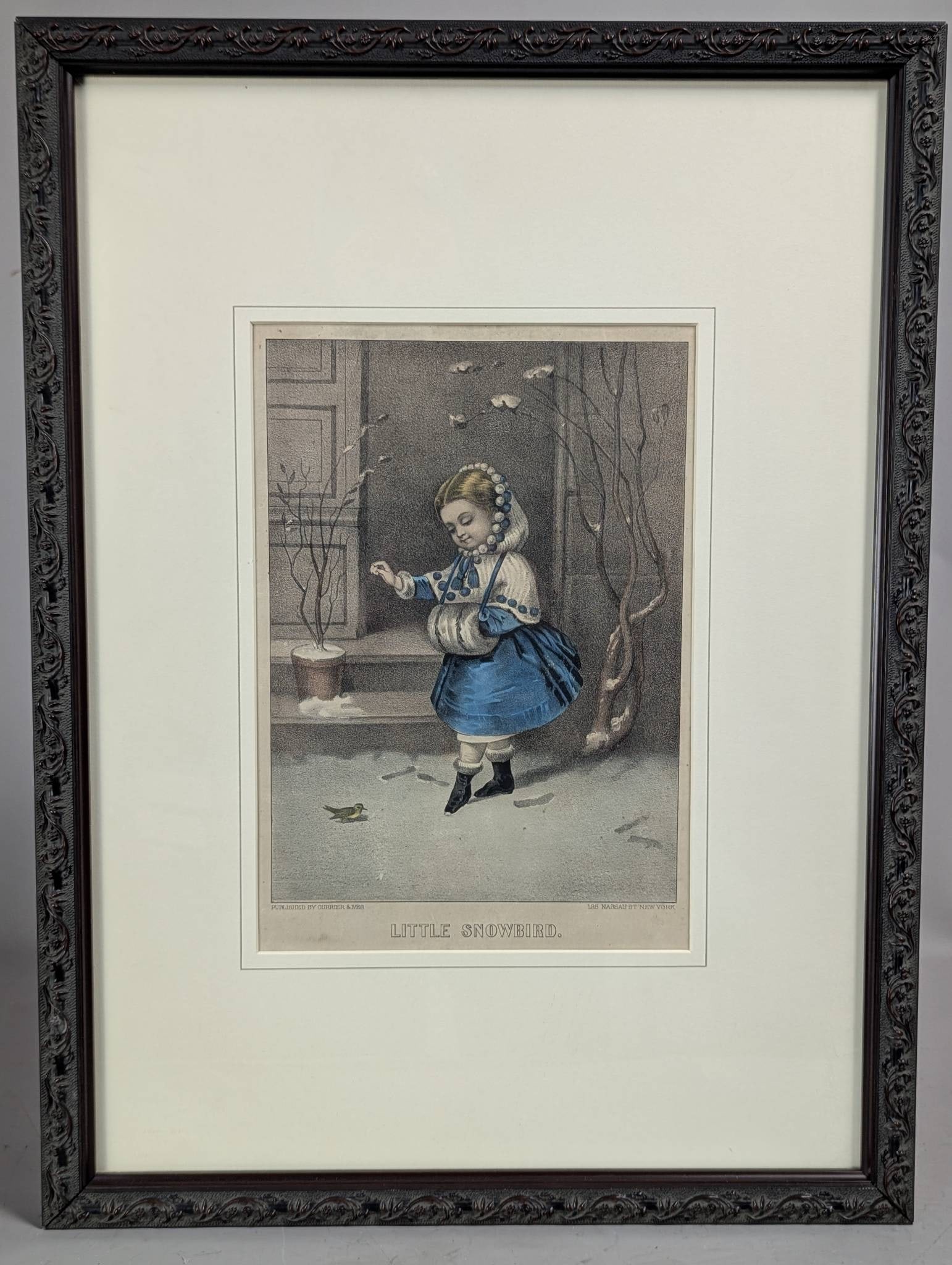 Currier and Ives Chromolithograph Titled Little Snowbird: Hand-colored chromolithograph by Currier and Ives, titled Little Snowbird, published at 125 Nassau Street, New York. The piece measures 23 1/2 inches high by 17 1/2 inches wide, with the image itself
