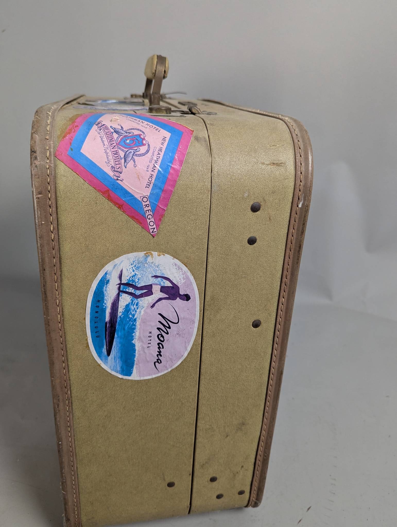 Vintage Travel Suitcase with Hotel Stickers - 5