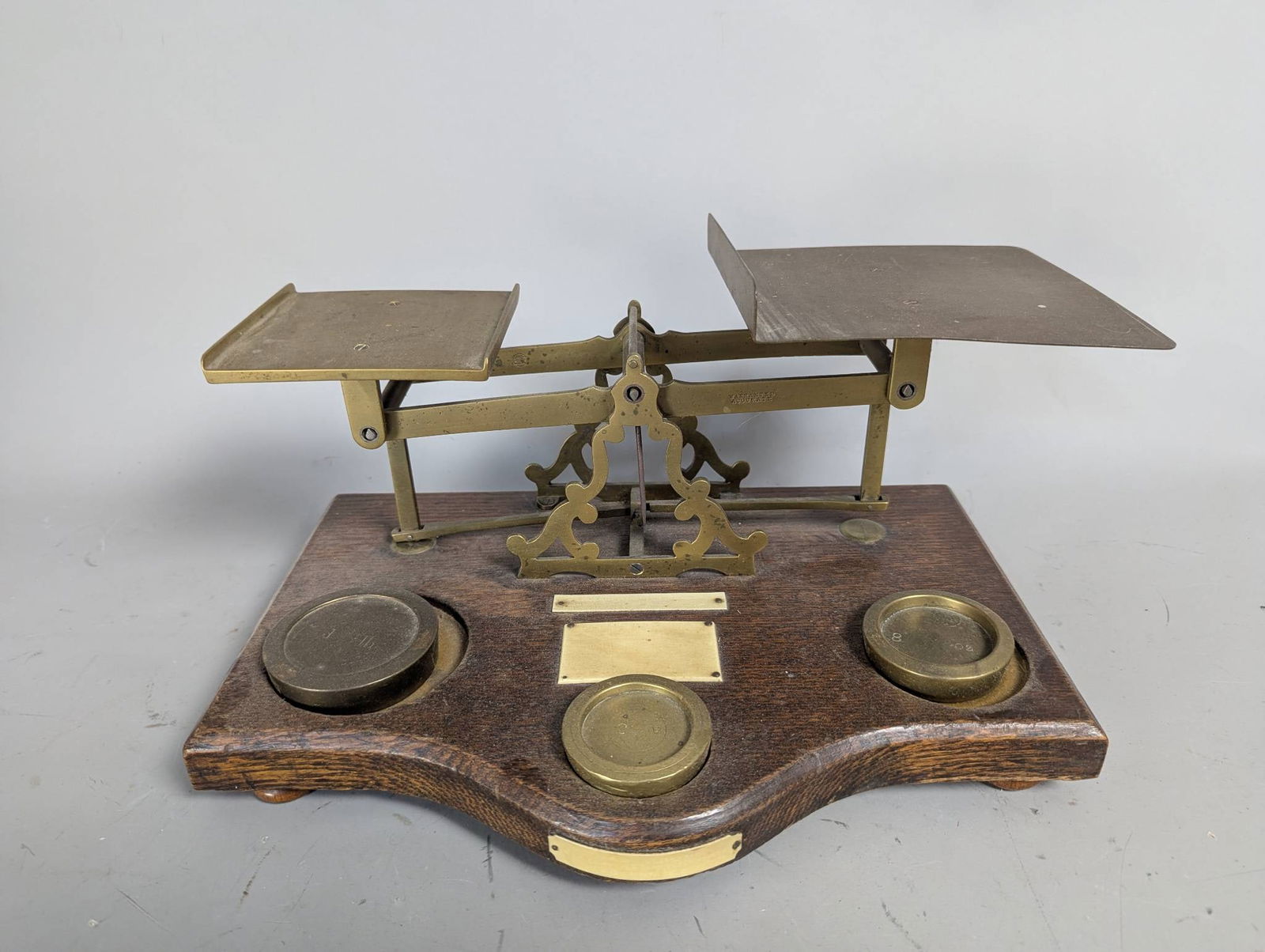 Antique English Brass Postal Scale with Weights on Oak Base (1 of 9)