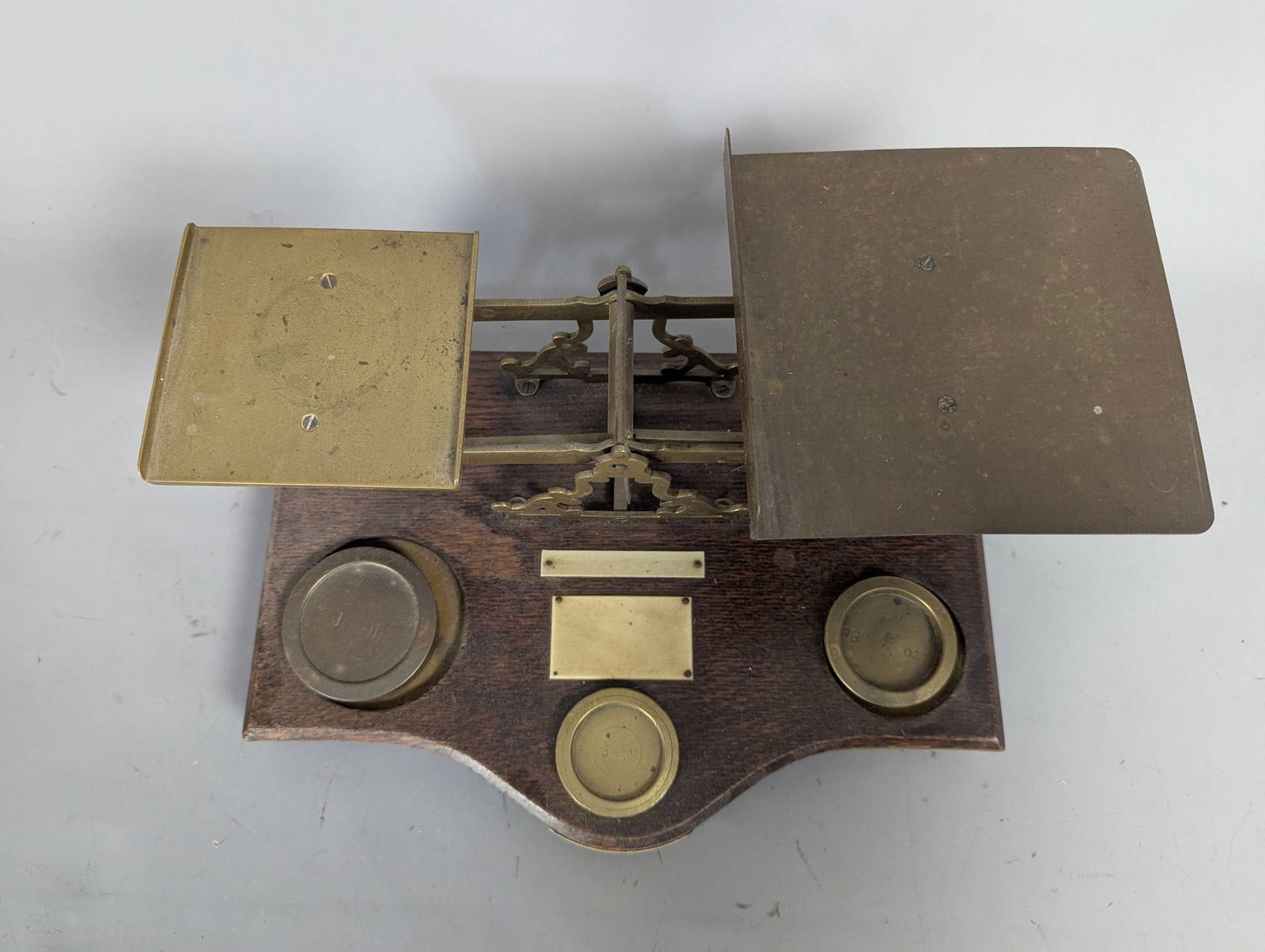 Antique English Brass Postal Scale with Weights on Oak Base - 2