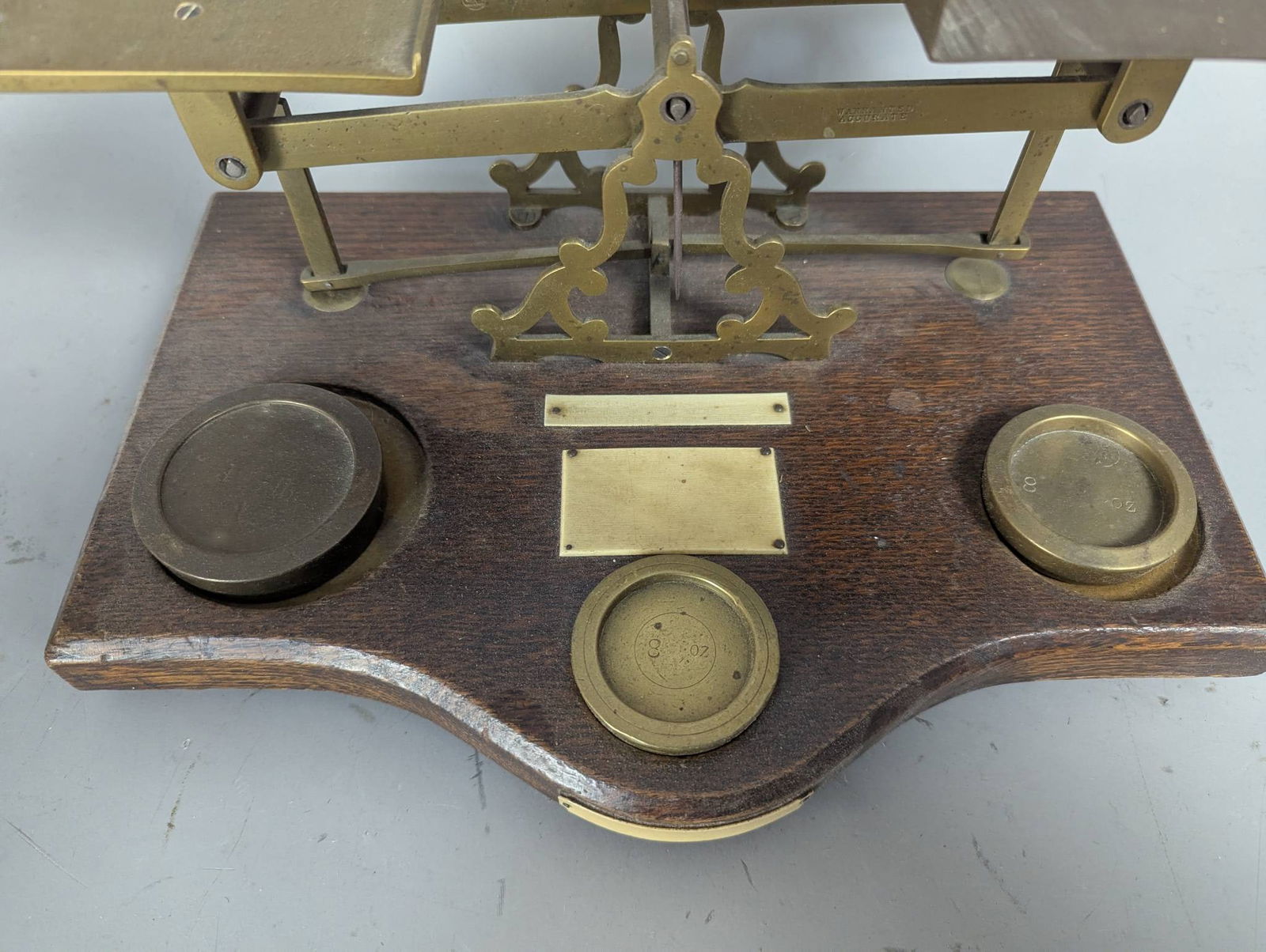Antique English Brass Postal Scale with Weights on Oak Base - 3