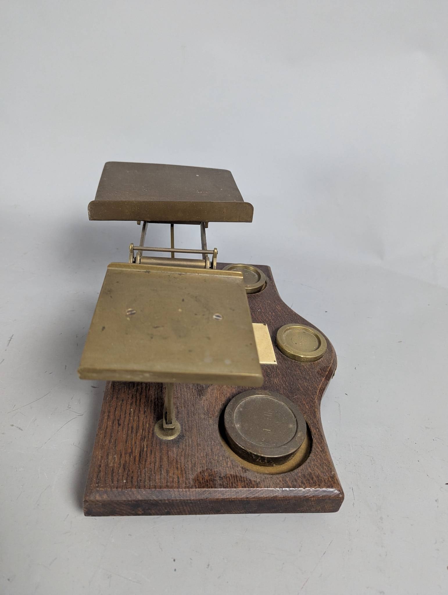 Antique English Brass Postal Scale with Weights on Oak Base - 4