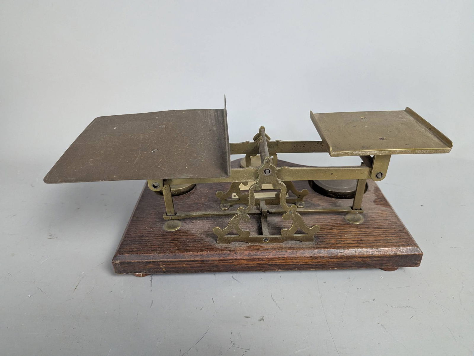 Antique English Brass Postal Scale with Weights on Oak Base - 5
