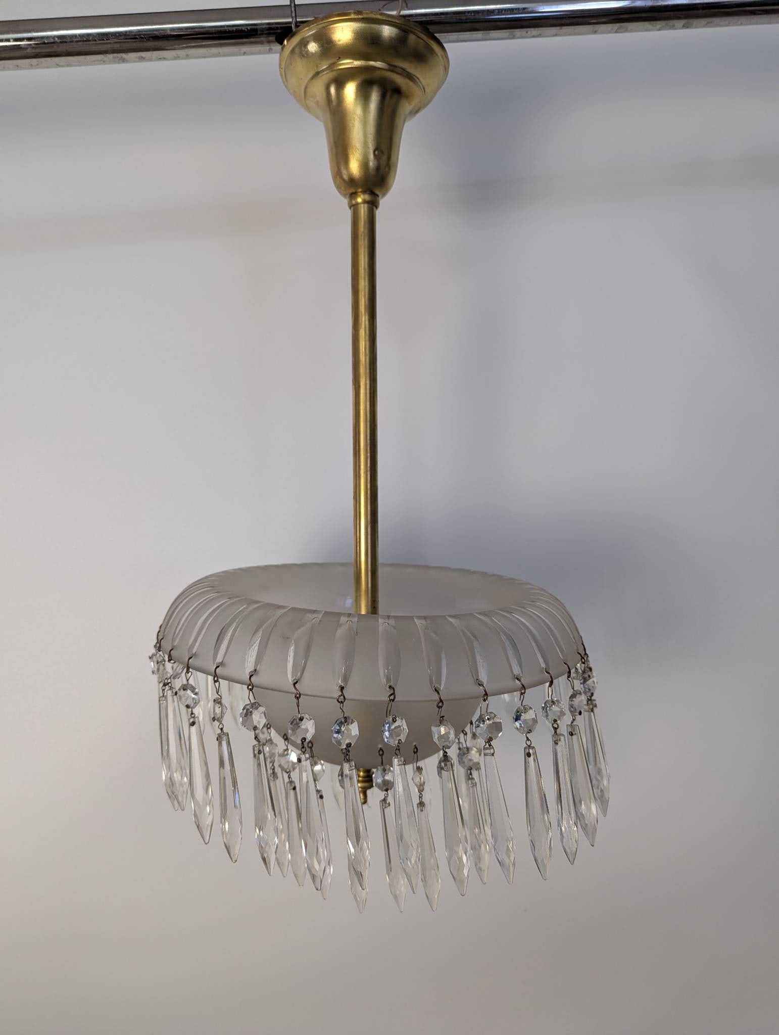 Brass and Crystal Pendant Light with Frosted Glass Shade and Faceted Prisms (1 of 6)
