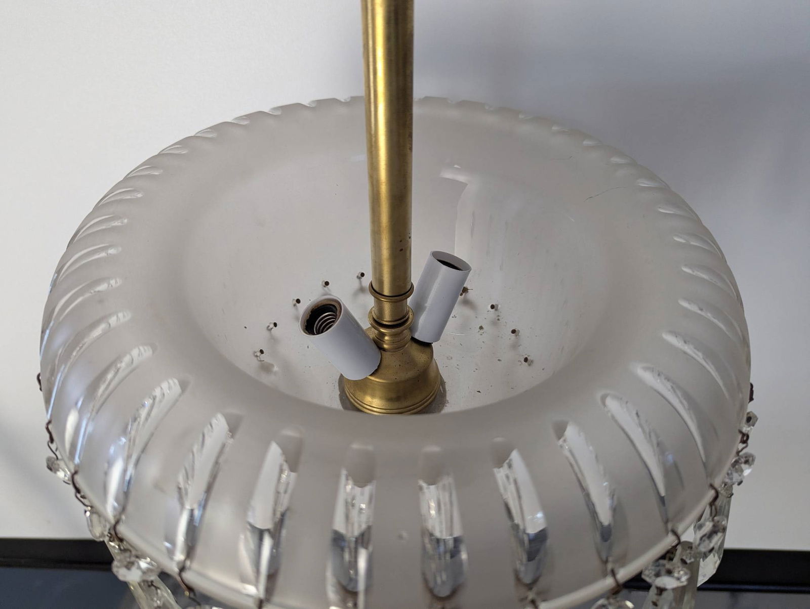 Brass and Crystal Pendant Light with Frosted Glass Shade and Faceted Prisms - 2