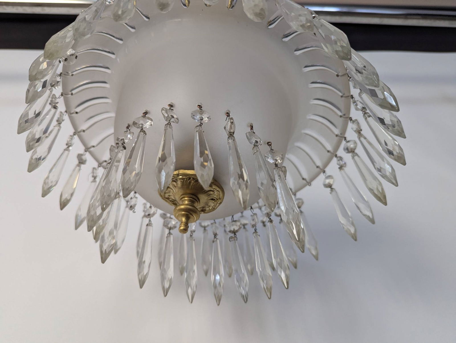 Brass and Crystal Pendant Light with Frosted Glass Shade and Faceted Prisms - 3