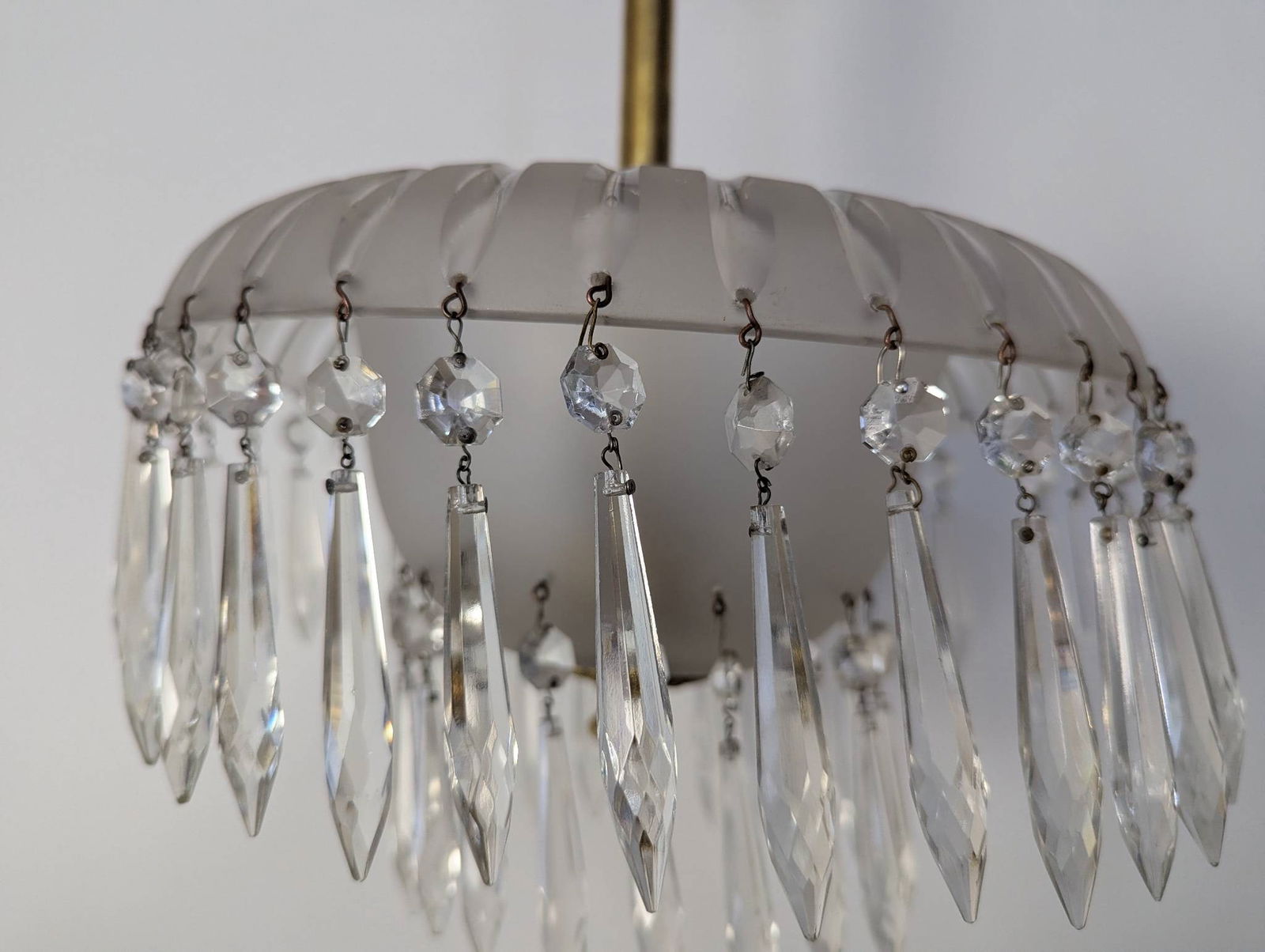 Brass and Crystal Pendant Light with Frosted Glass Shade and Faceted Prisms - 4