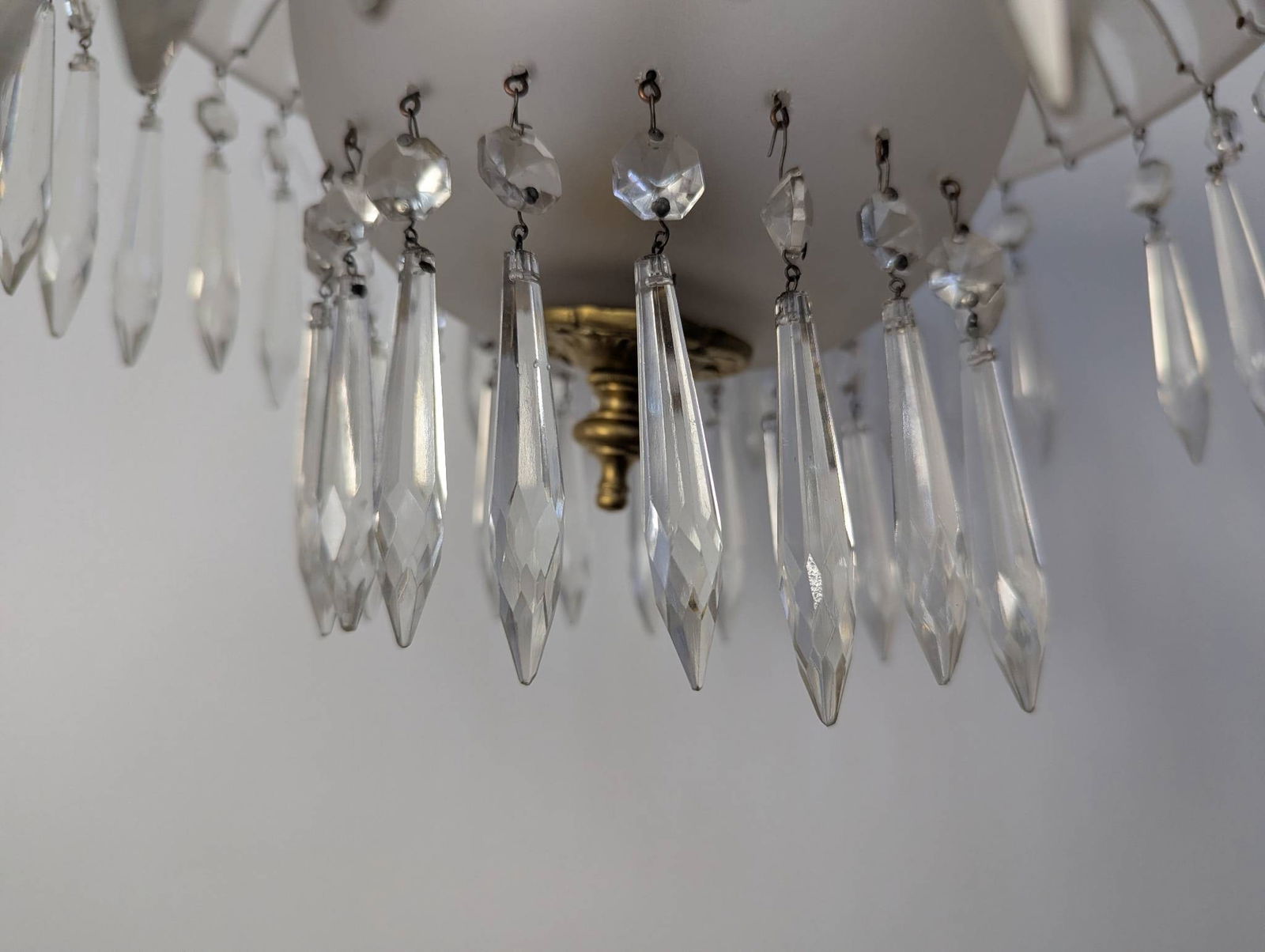 Brass and Crystal Pendant Light with Frosted Glass Shade and Faceted Prisms - 5