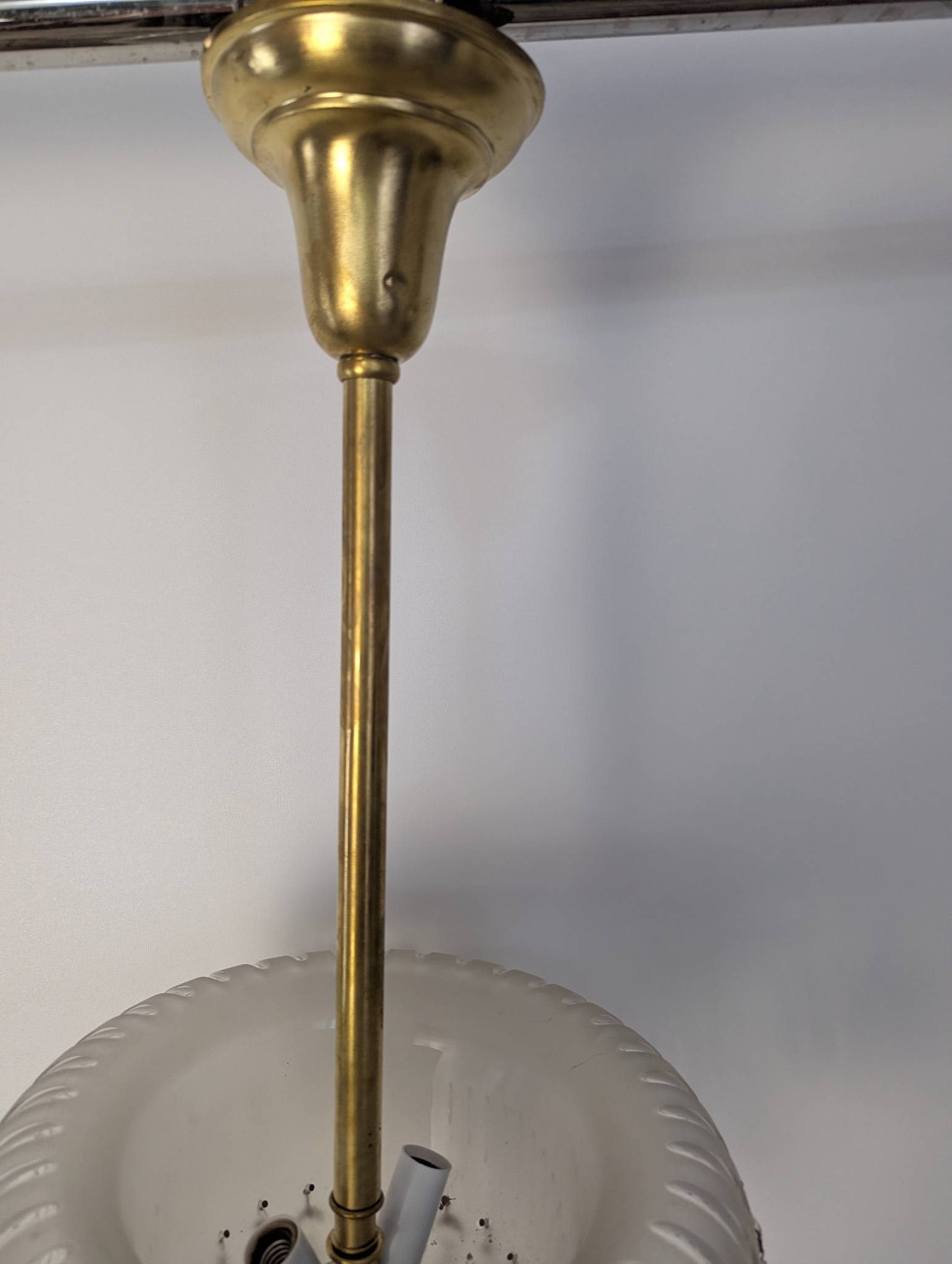 Brass and Crystal Pendant Light with Frosted Glass Shade and Faceted Prisms - 6