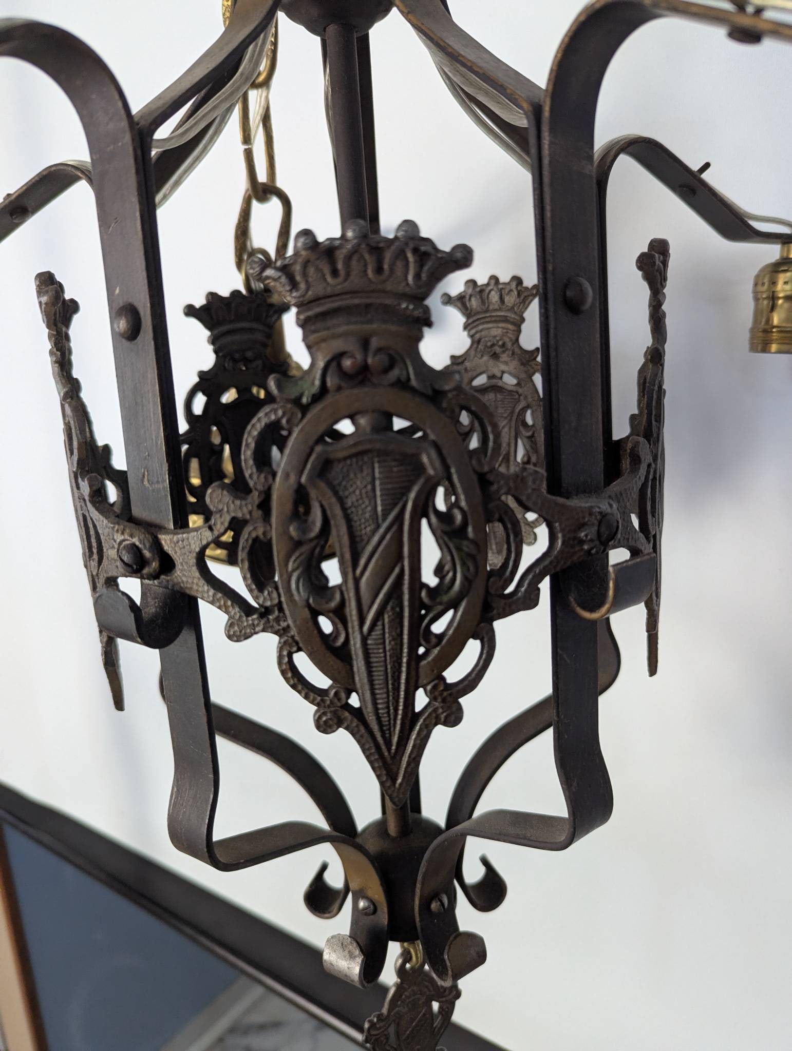 Vintage Spanish Revival Wrought Iron Chandelier with Heraldic Motif - 2