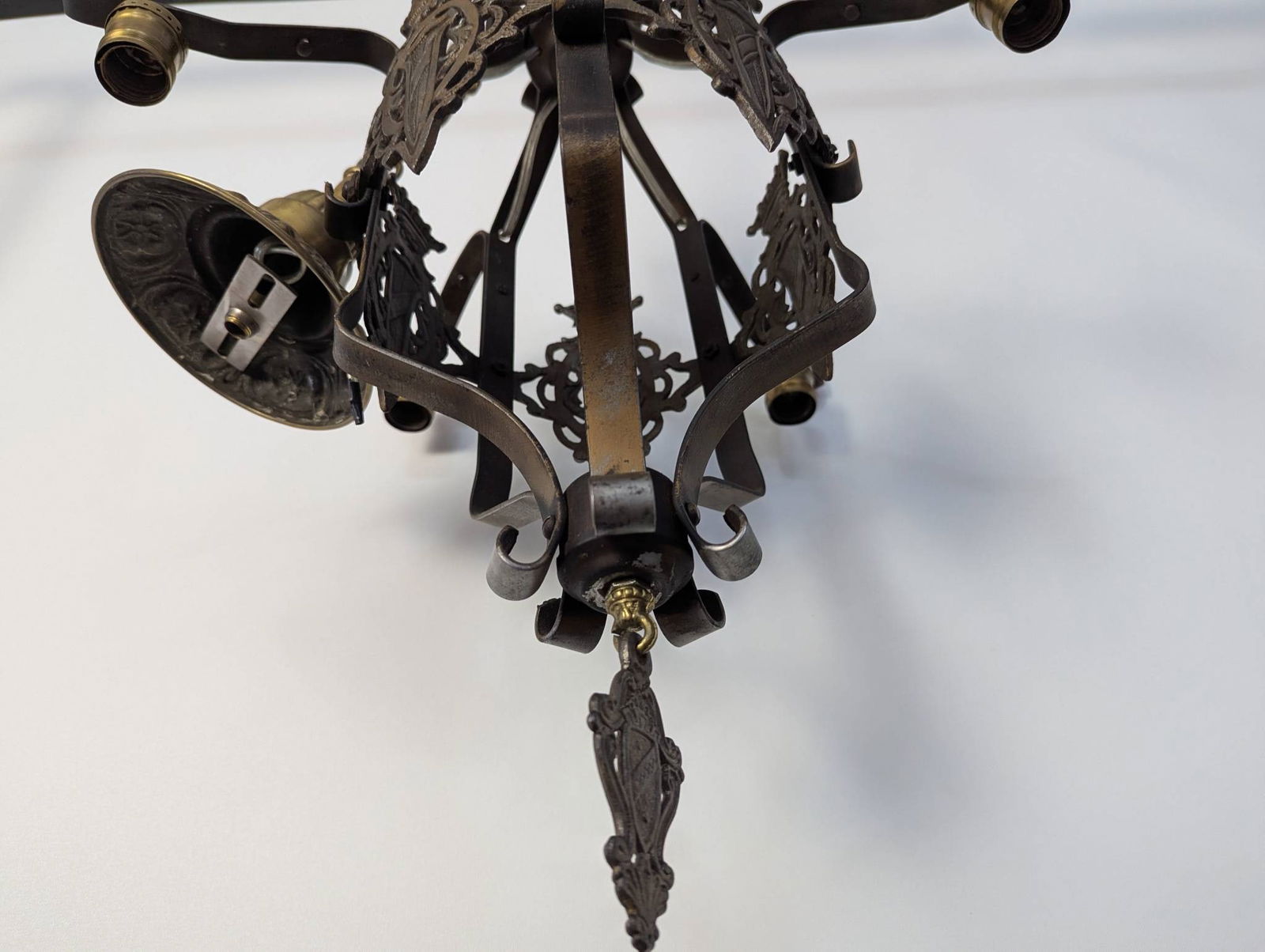 Vintage Spanish Revival Wrought Iron Chandelier with Heraldic Motif - 7