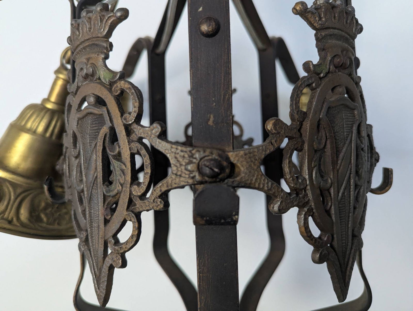 Vintage Spanish Revival Wrought Iron Chandelier with Heraldic Motif - 8