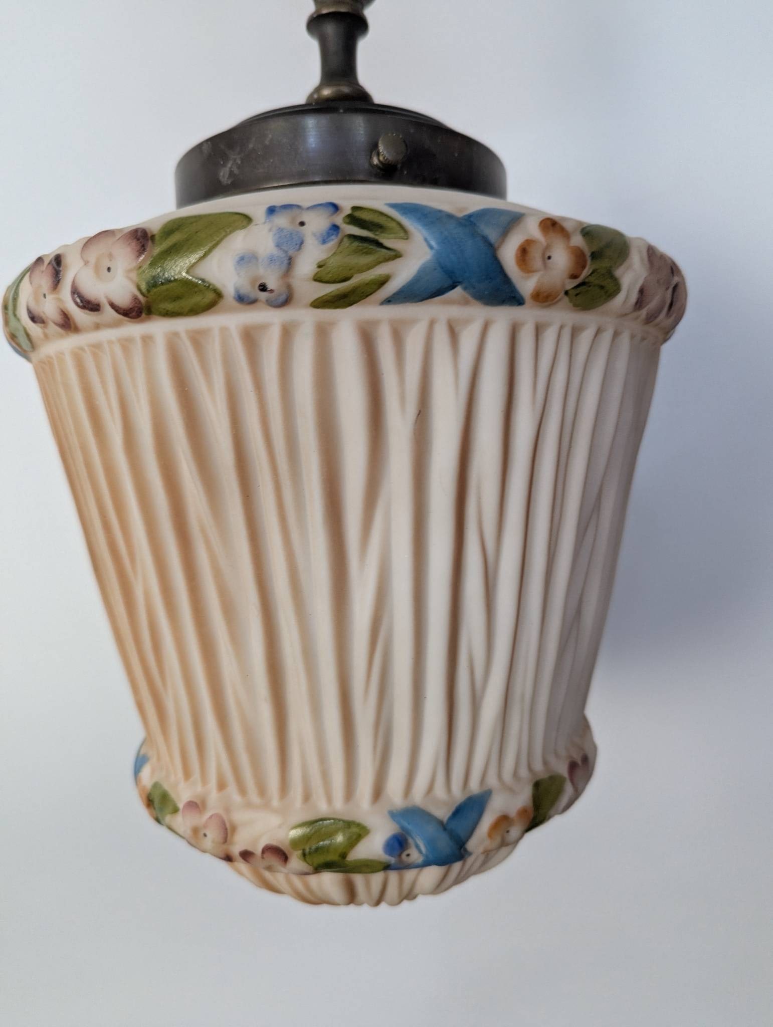 Art Nouveau Milk Glass Pendant Light with Hand-Painted Floral Design - 2