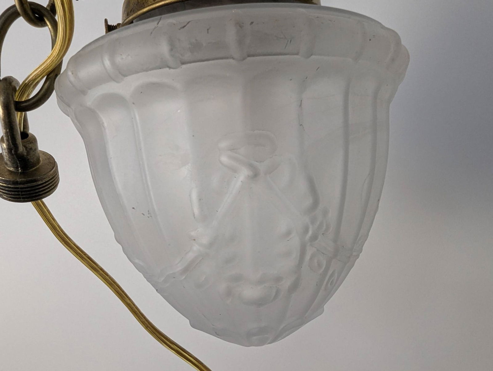 Vintage Frosted Glass Pendant Light with Brass Chain and Fitter - 2