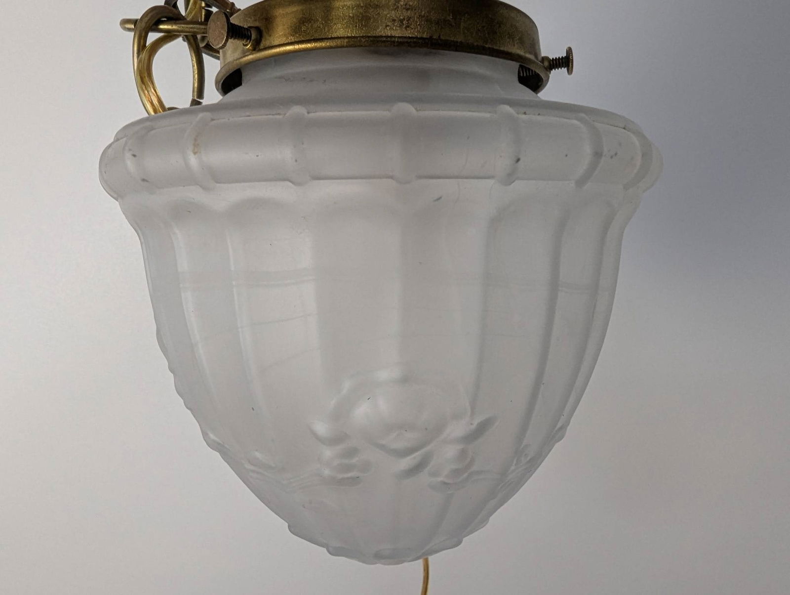 Vintage Frosted Glass Pendant Light with Brass Chain and Fitter - 4