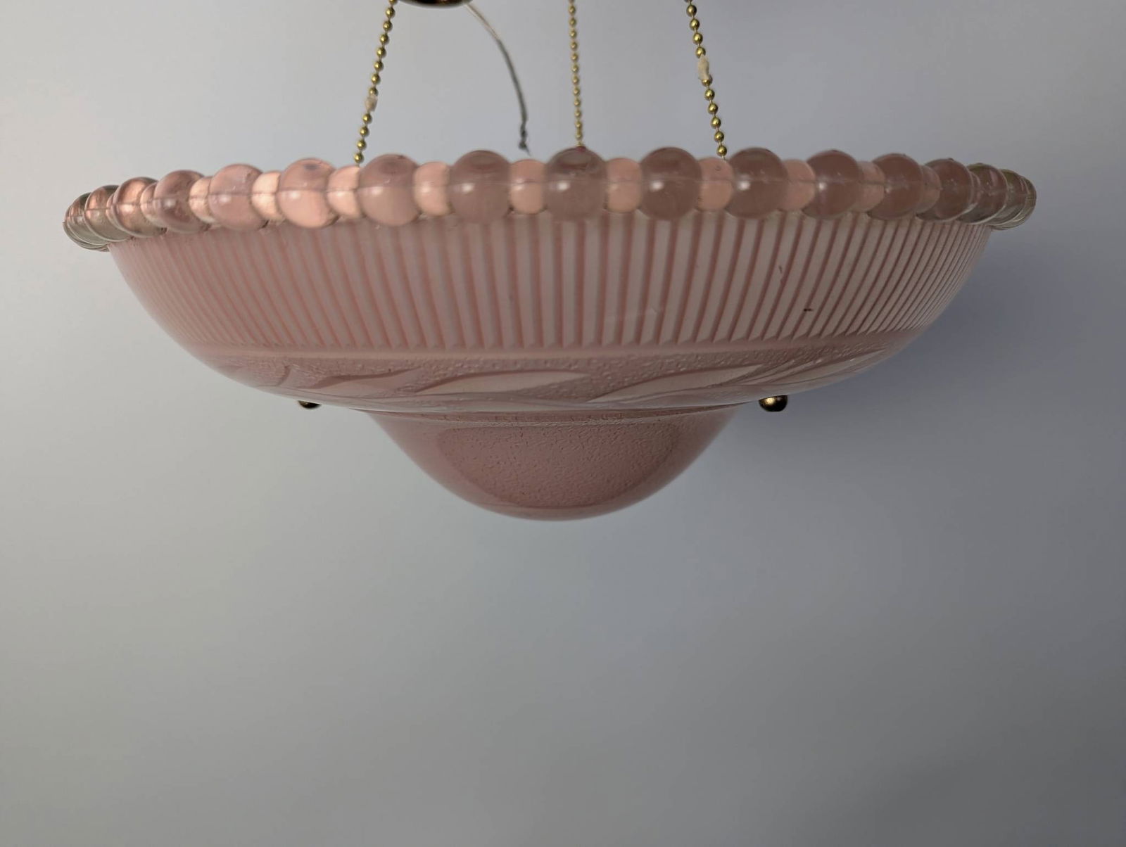 Pink Ribbed Glass Pendant Light with Brass Hardware - 3