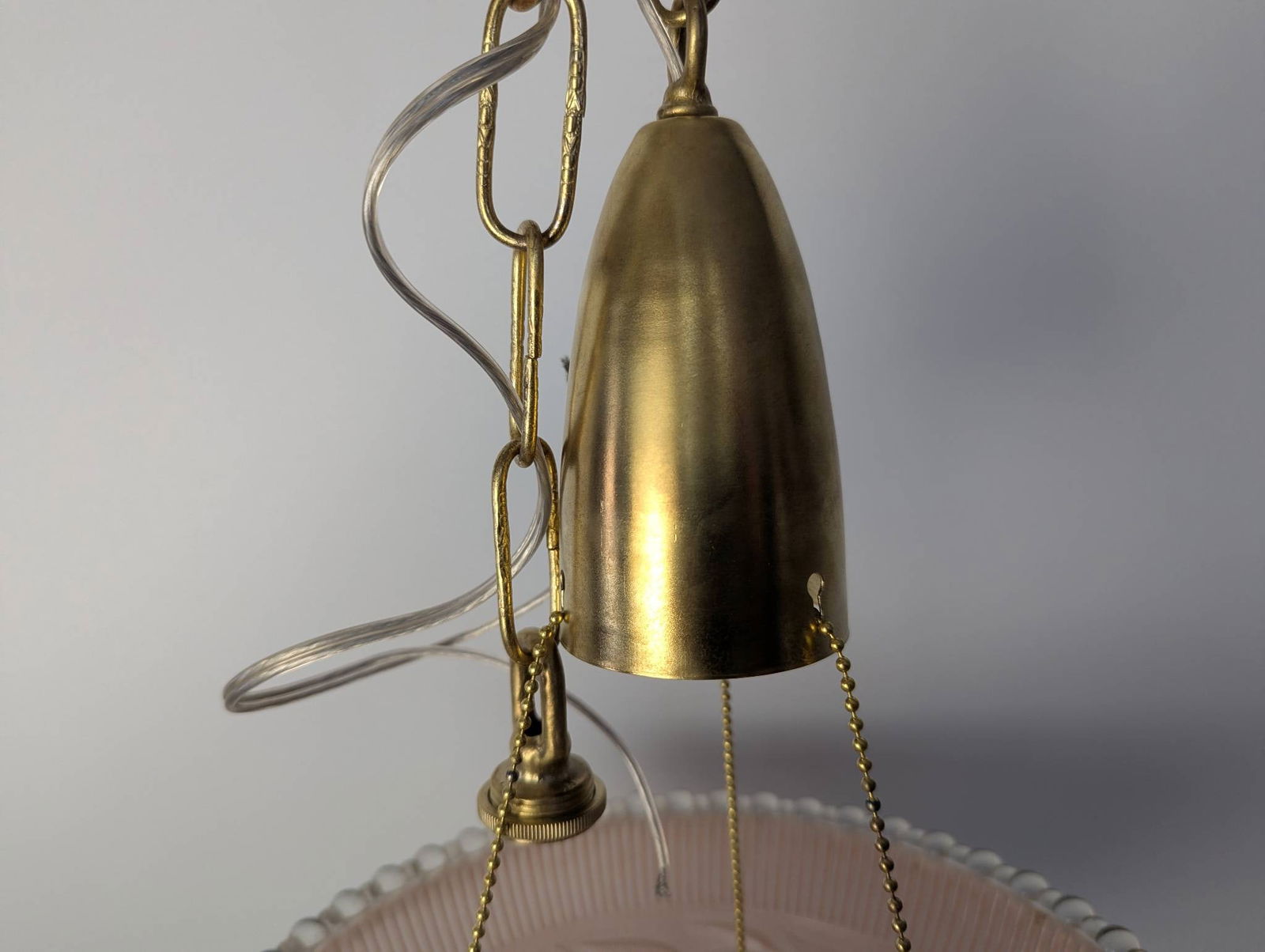 Pink Ribbed Glass Pendant Light with Brass Hardware - 4