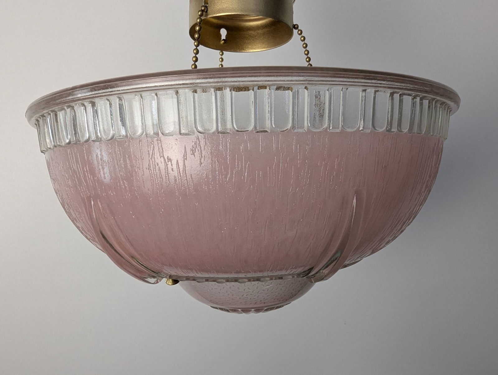 Vintage Art Deco Style Brass and Pink Glass Bowl Pendant Light Fixture - 2