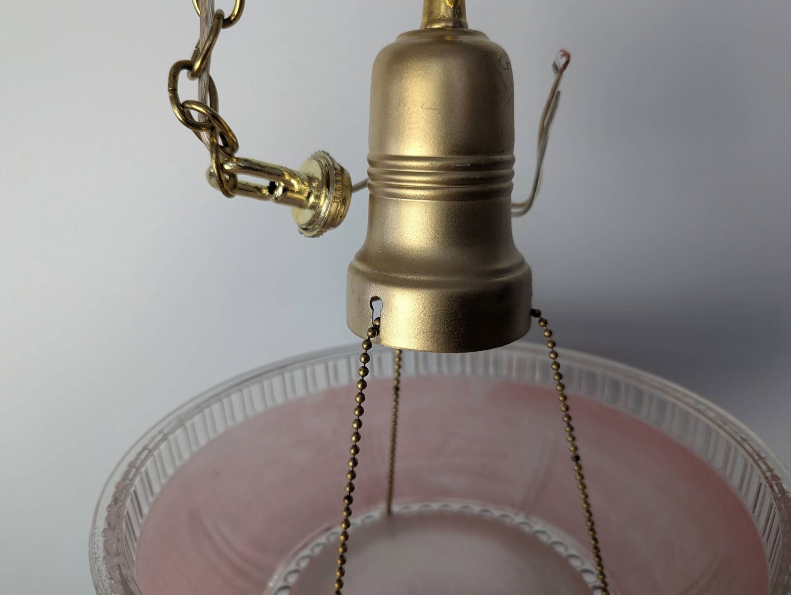 Vintage Art Deco Style Brass and Pink Glass Bowl Pendant Light Fixture - 3