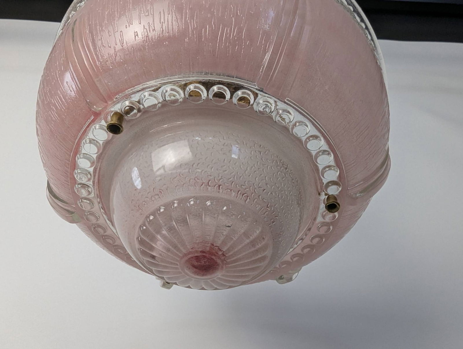 Vintage Art Deco Style Brass and Pink Glass Bowl Pendant Light Fixture - 5