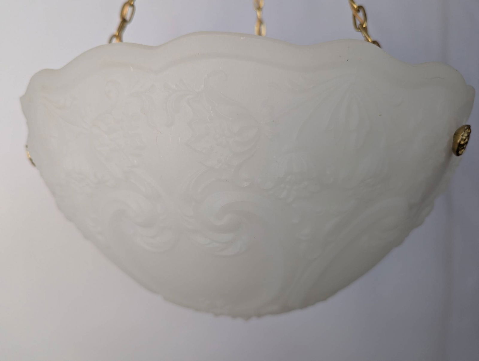 Vintage Inverted Dome Pendant Light with Frosted Embossed Glass Bowl and Brass Chains - 2