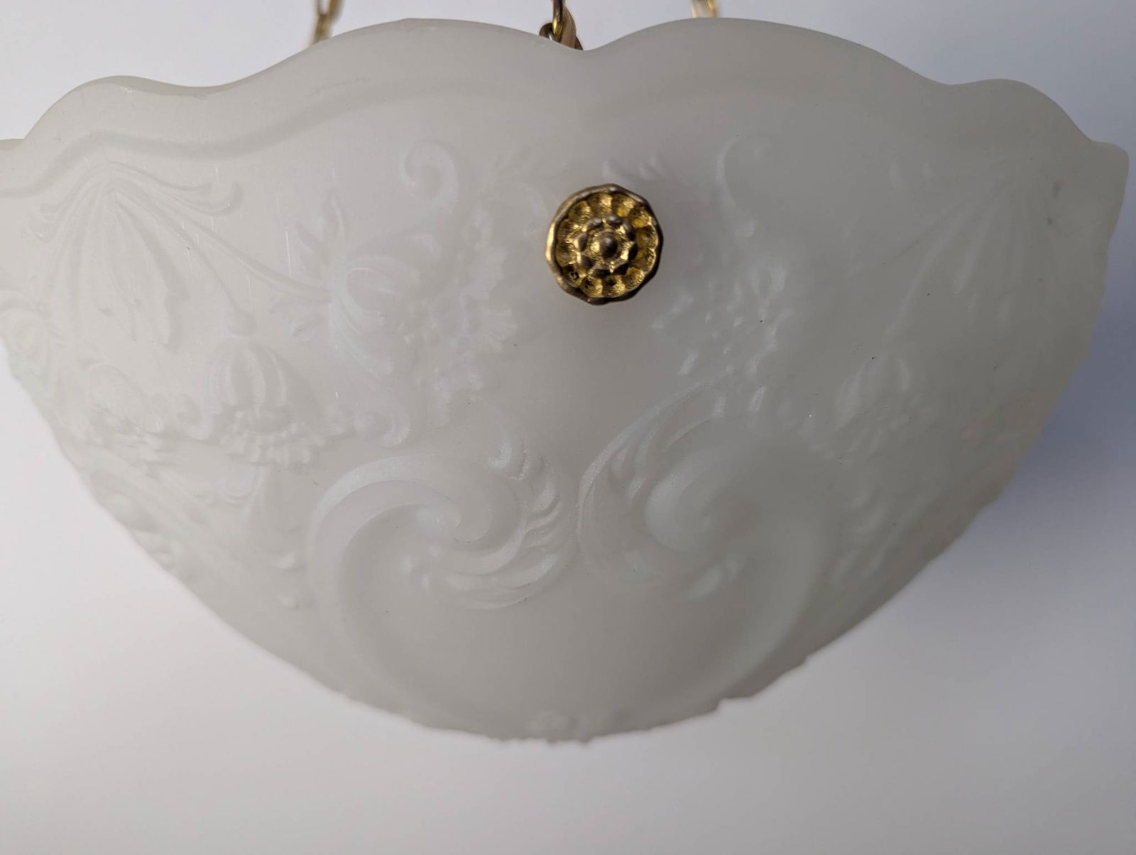 Vintage Inverted Dome Pendant Light with Frosted Embossed Glass Bowl and Brass Chains - 3