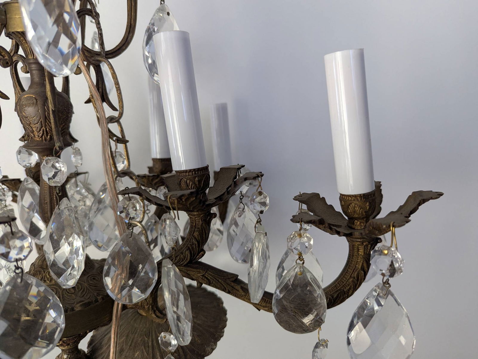 French Louis XV-style Brass and Crystal Six-Arm Chandelier with Patina - 4