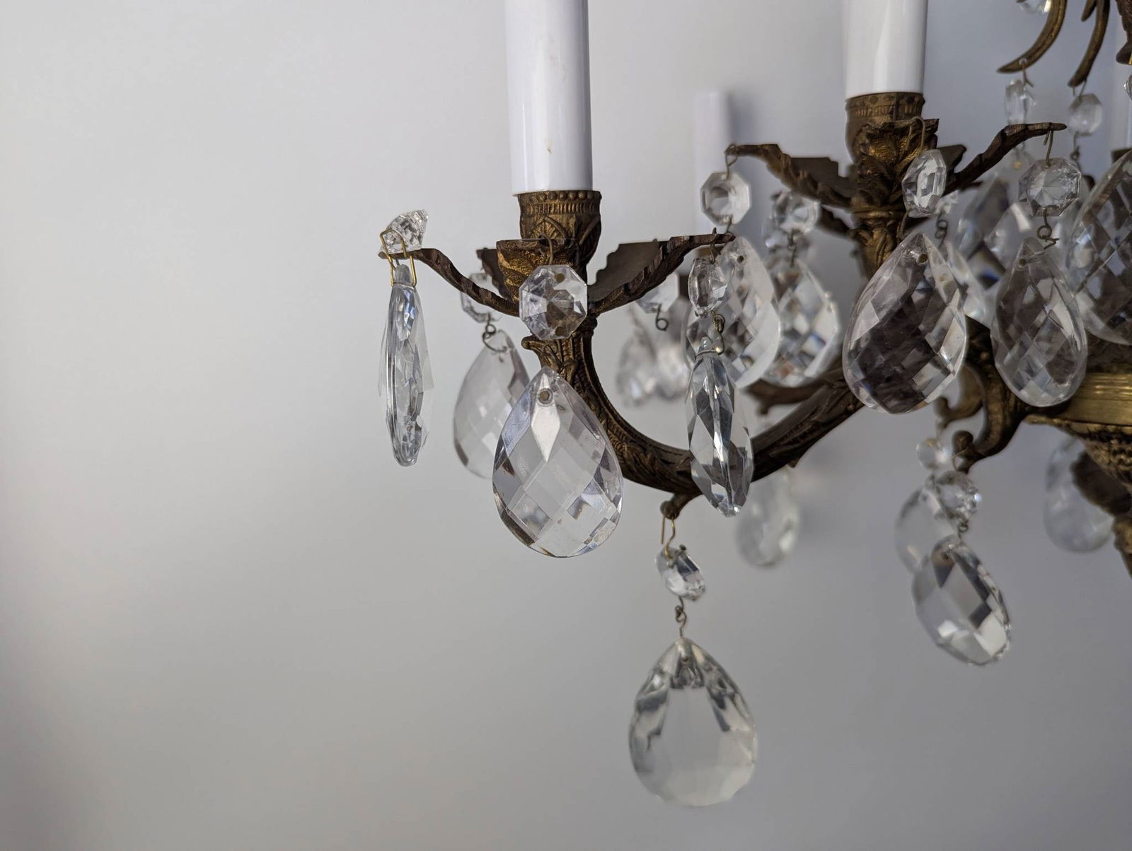 French Louis XV-style Brass and Crystal Six-Arm Chandelier with Patina - 6