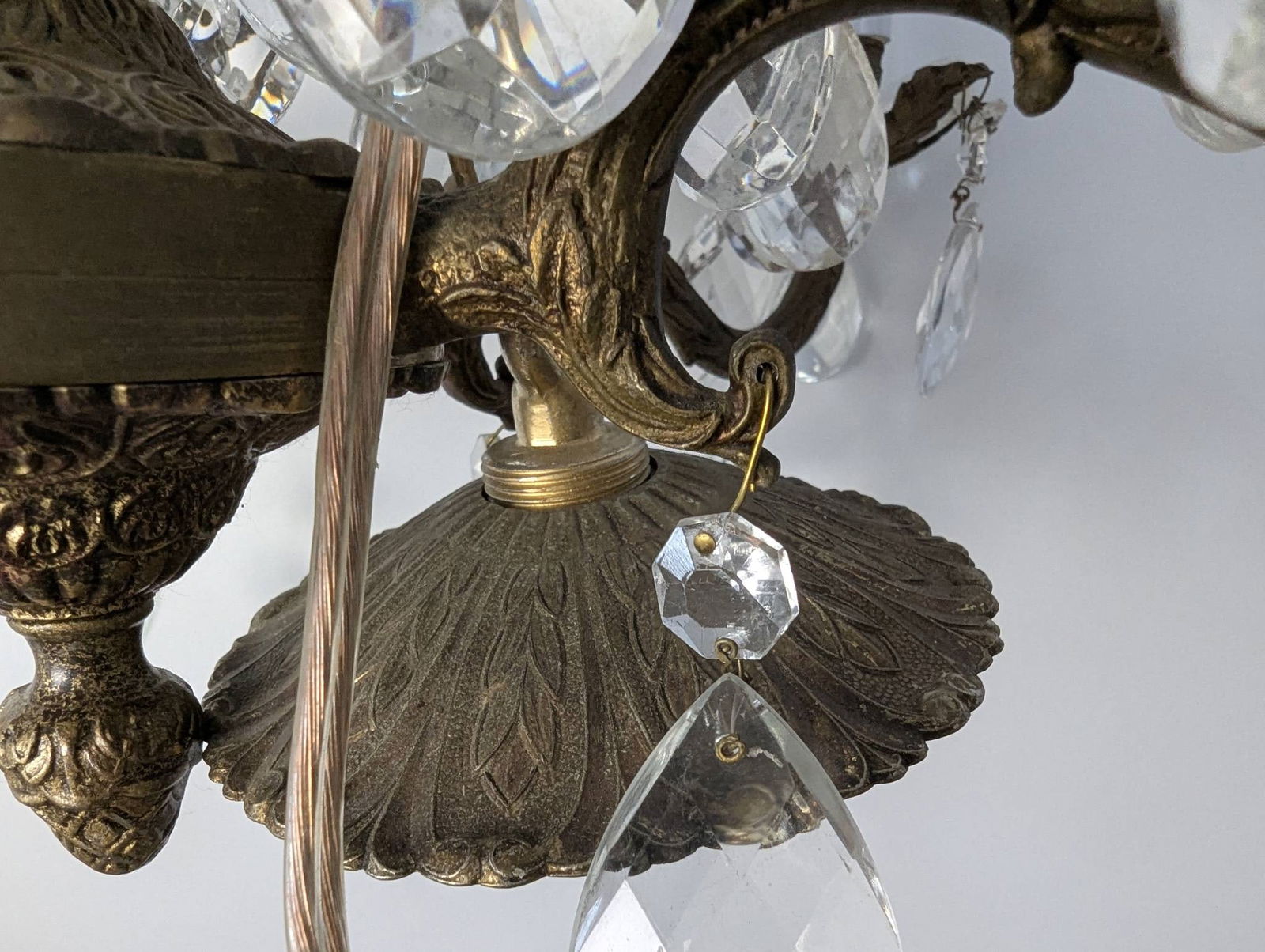 French Louis XV-style Brass and Crystal Six-Arm Chandelier with Patina - 7