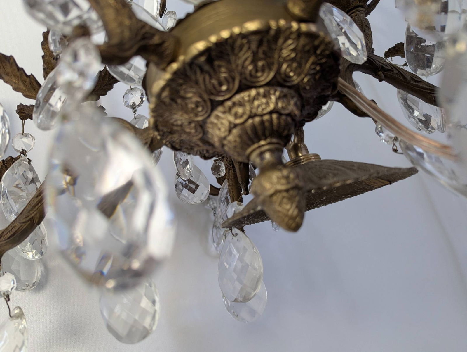 French Louis XV-style Brass and Crystal Six-Arm Chandelier with Patina - 8