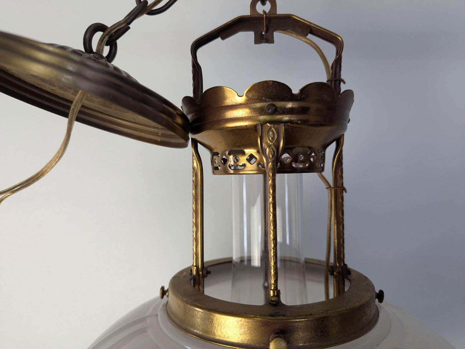 Vintage Aladdin Model 12 Brass Hanging Lamp with Milk White Shade - 2