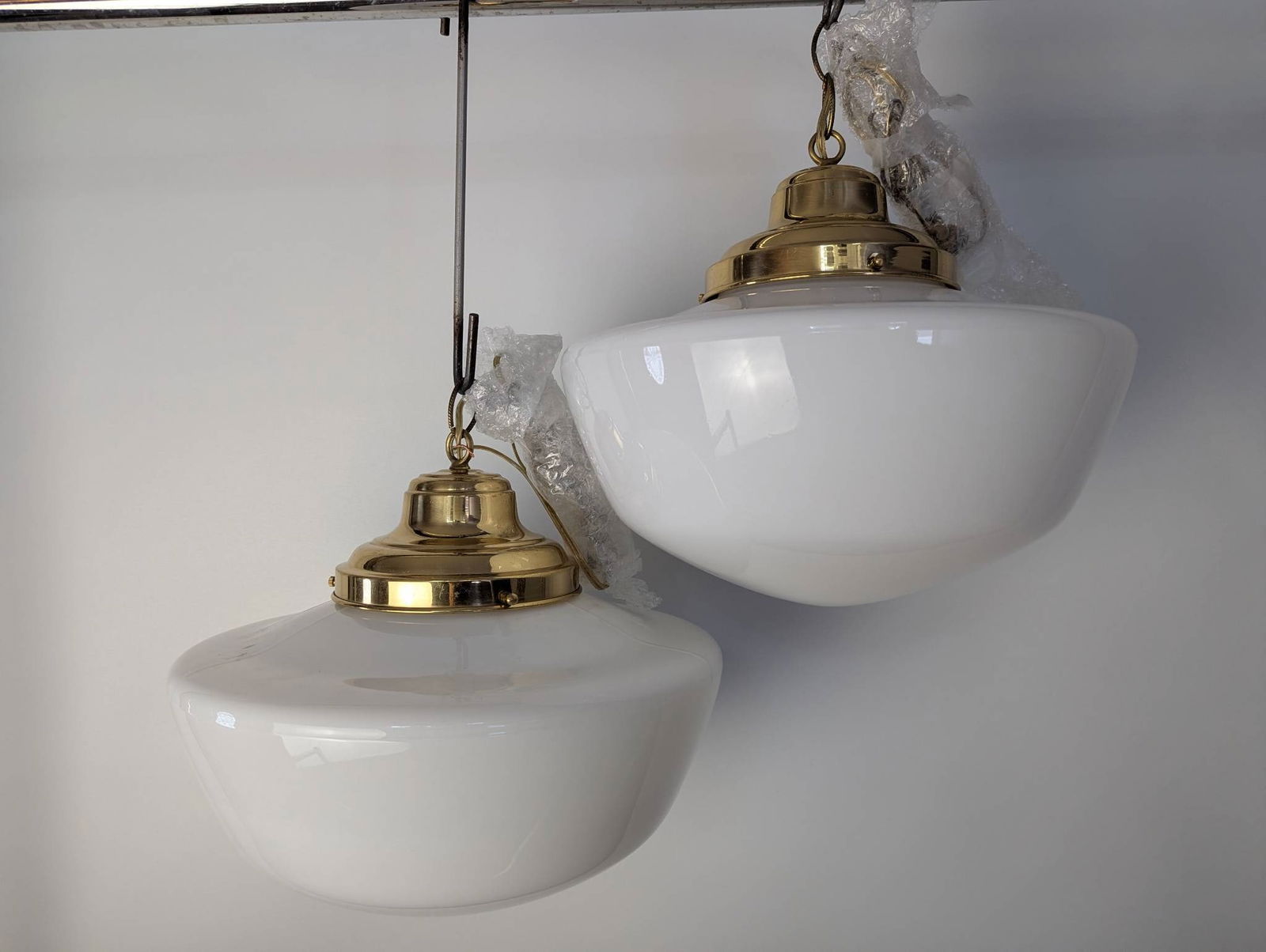 Pair Schoolhouse Pendant Lights with Brass and Opal Glass Shades (1 of 7)