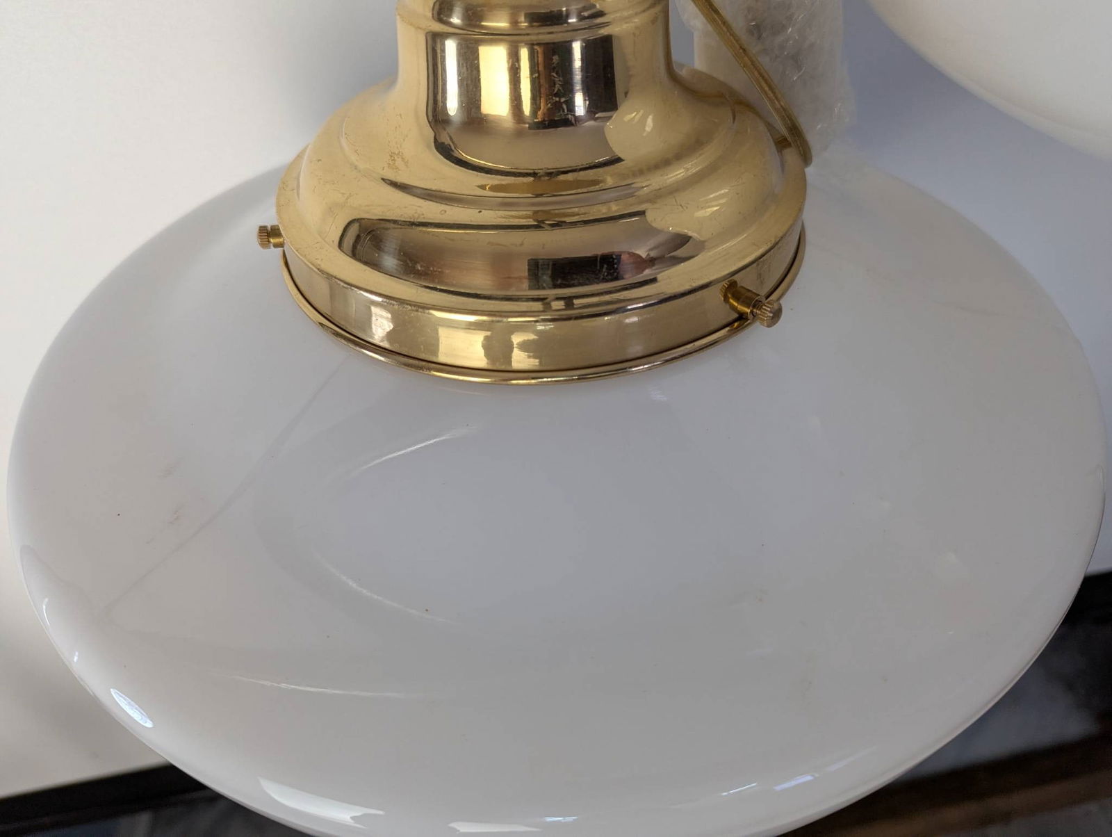 Pair Schoolhouse Pendant Lights with Brass and Opal Glass Shades - 4