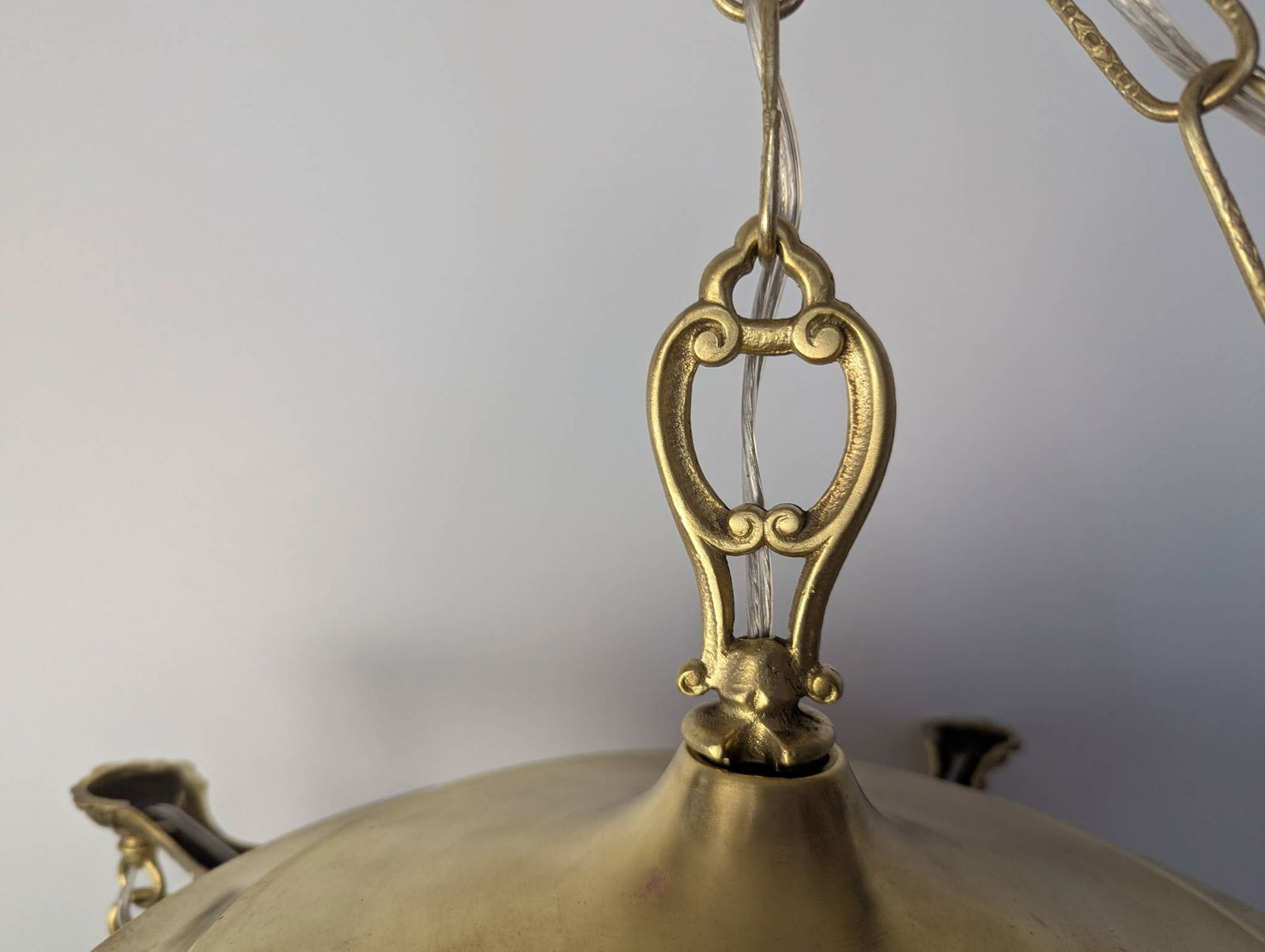 1920s Brass Pan-Style Chandelier with Hand-Painted Rose Glass Shades - 2