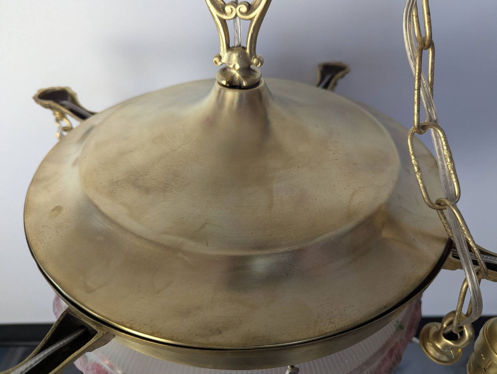 1920s Brass Pan-Style Chandelier with Hand-Painted Rose Glass Shades - 3