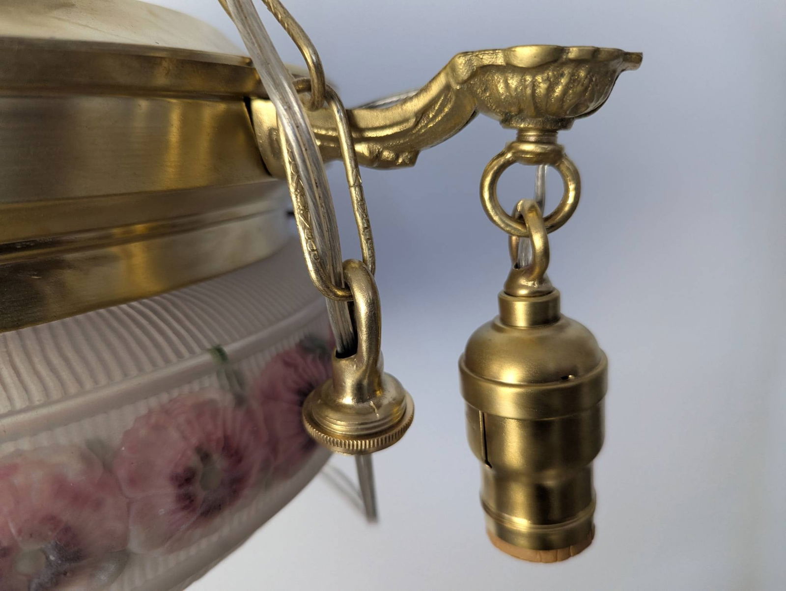 1920s Brass Pan-Style Chandelier with Hand-Painted Rose Glass Shades - 4