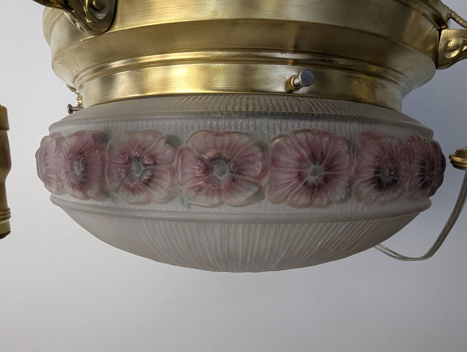 1920s Brass Pan-Style Chandelier with Hand-Painted Rose Glass Shades - 5