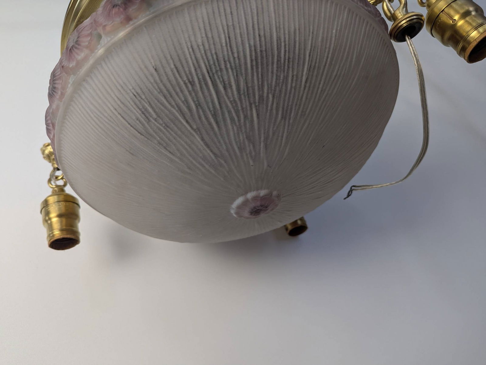 1920s Brass Pan-Style Chandelier with Hand-Painted Rose Glass Shades - 6