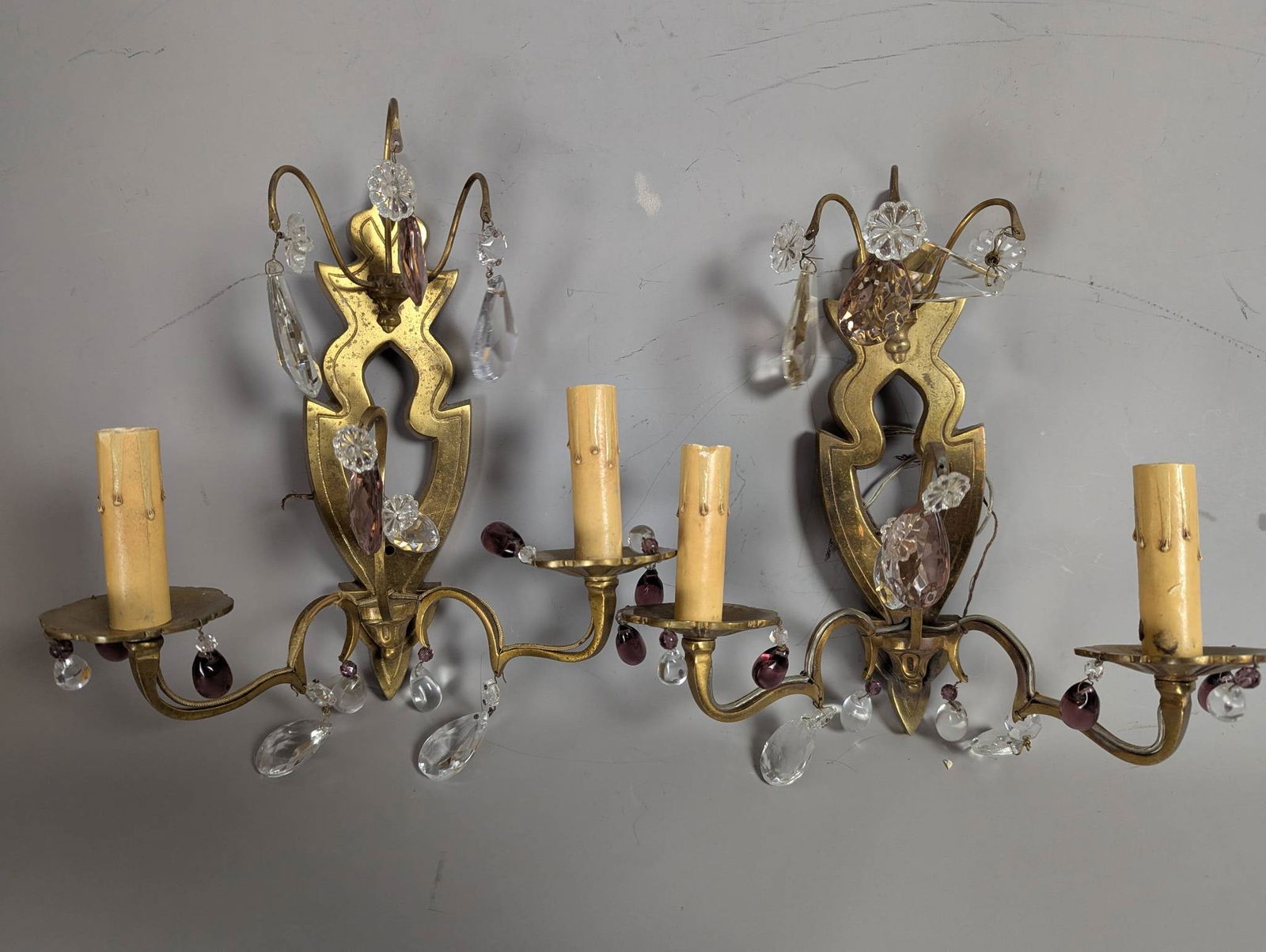 Vintage Gold-Toned Metal Wall Sconces with Crystal Prisms (1 of 6)