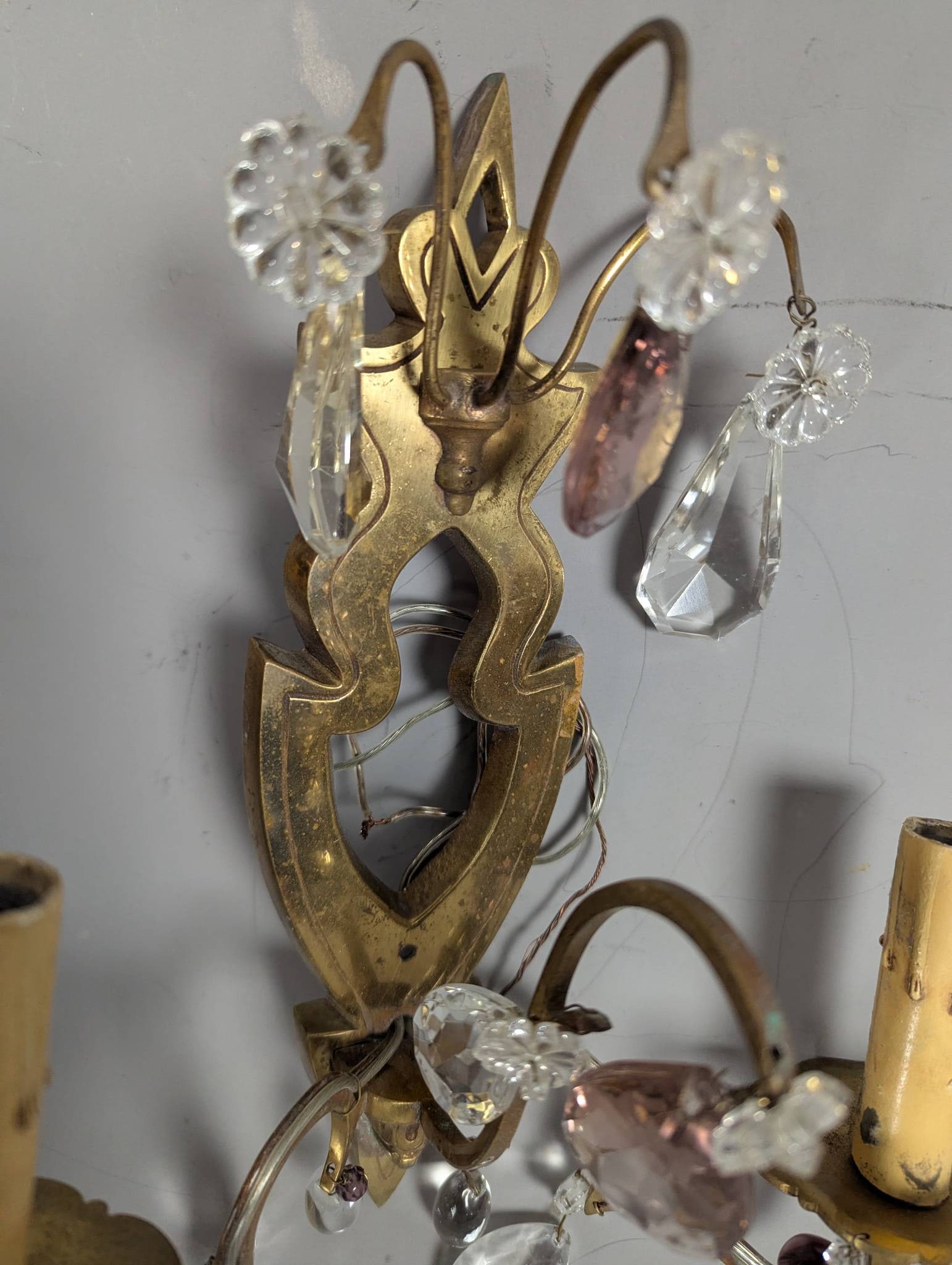 Vintage Gold-Toned Metal Wall Sconces with Crystal Prisms - 3