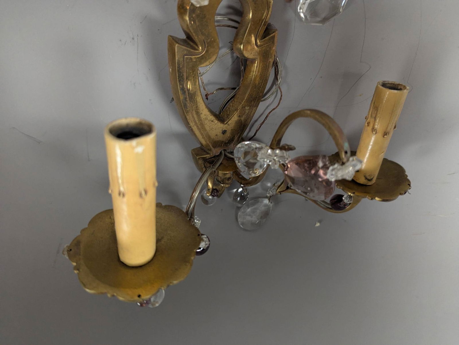 Vintage Gold-Toned Metal Wall Sconces with Crystal Prisms - 5