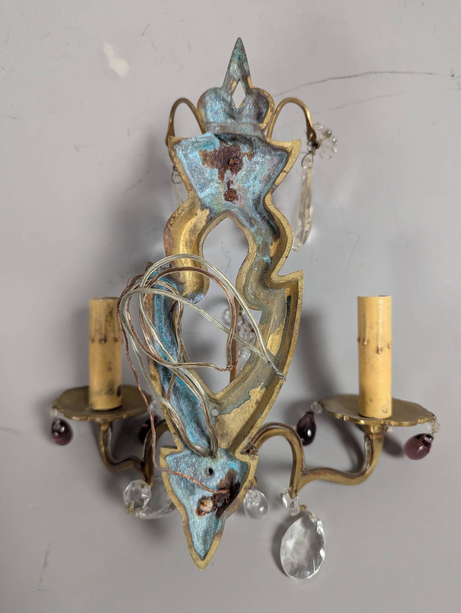 Vintage Gold-Toned Metal Wall Sconces with Crystal Prisms - 6