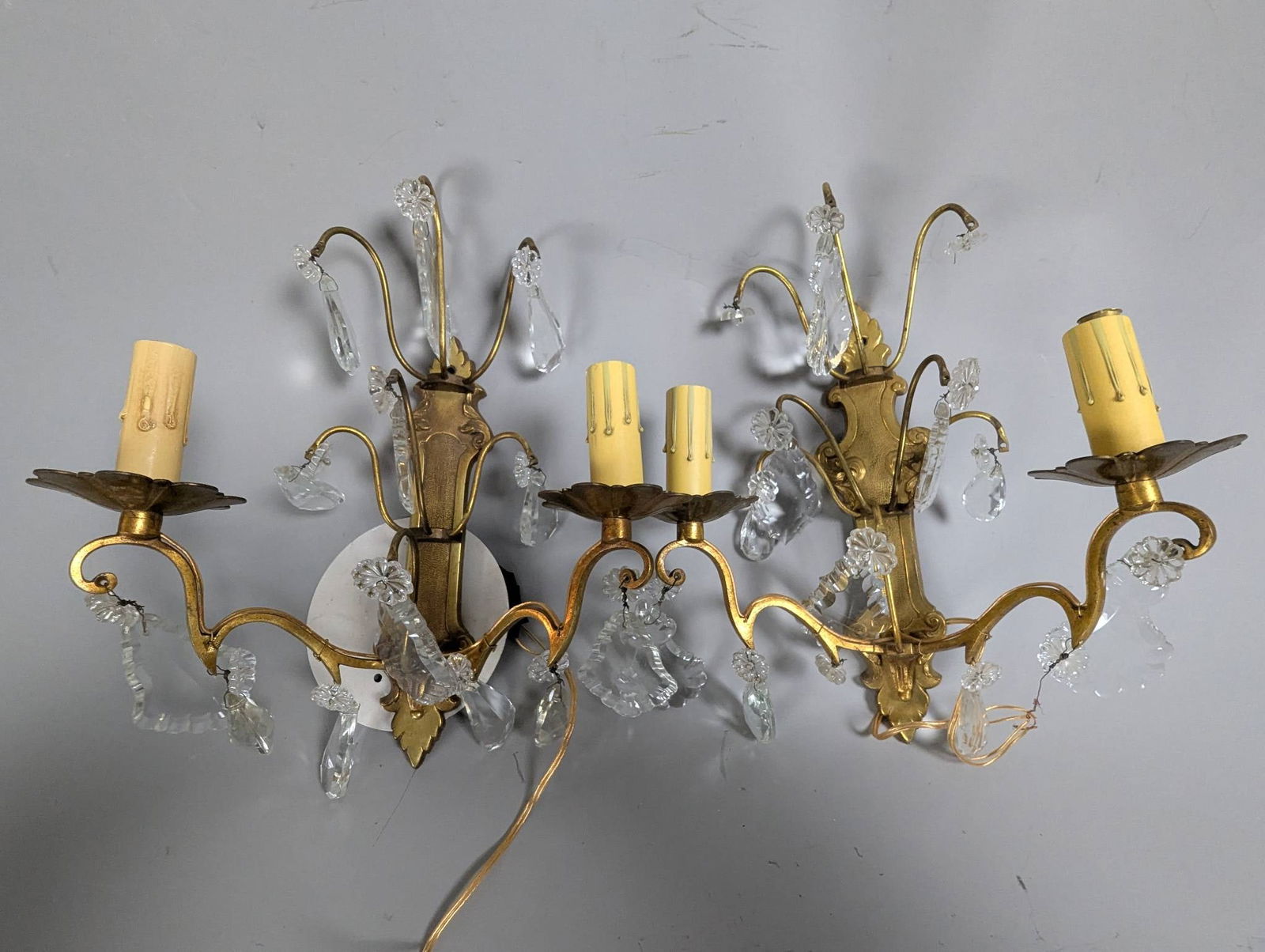 Vintage French Bronze and Crystal Wall Sconces with Candle-Style Bulb Fixtures (1 of 8)