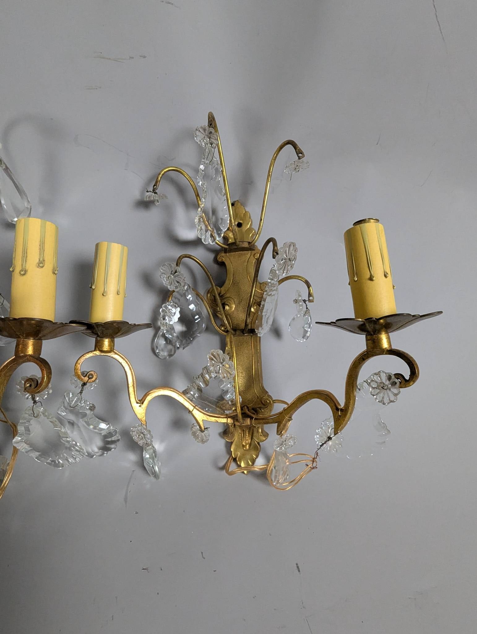 Vintage French Bronze and Crystal Wall Sconces with Candle-Style Bulb Fixtures - 2