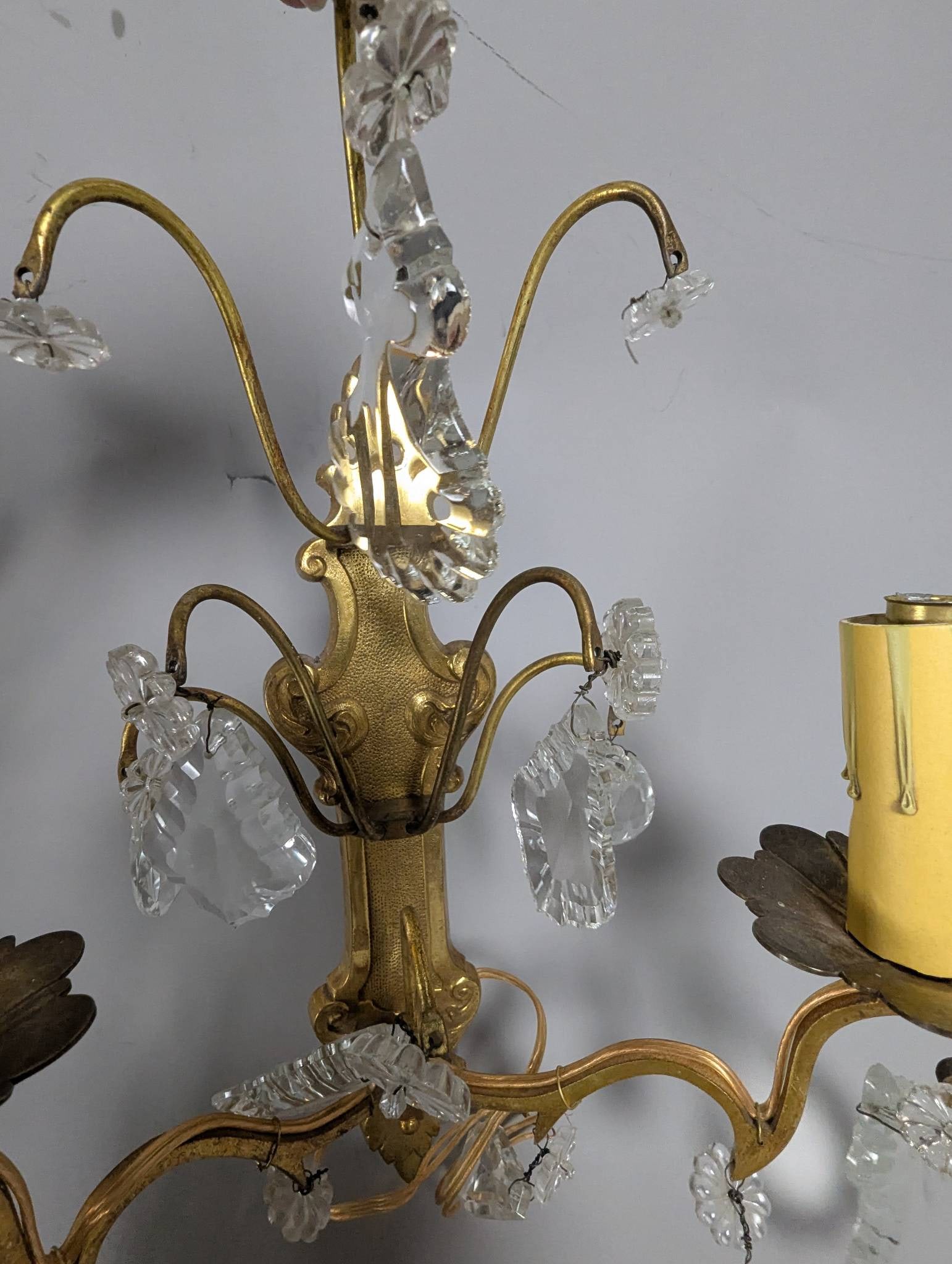 Vintage French Bronze and Crystal Wall Sconces with Candle-Style Bulb Fixtures - 3