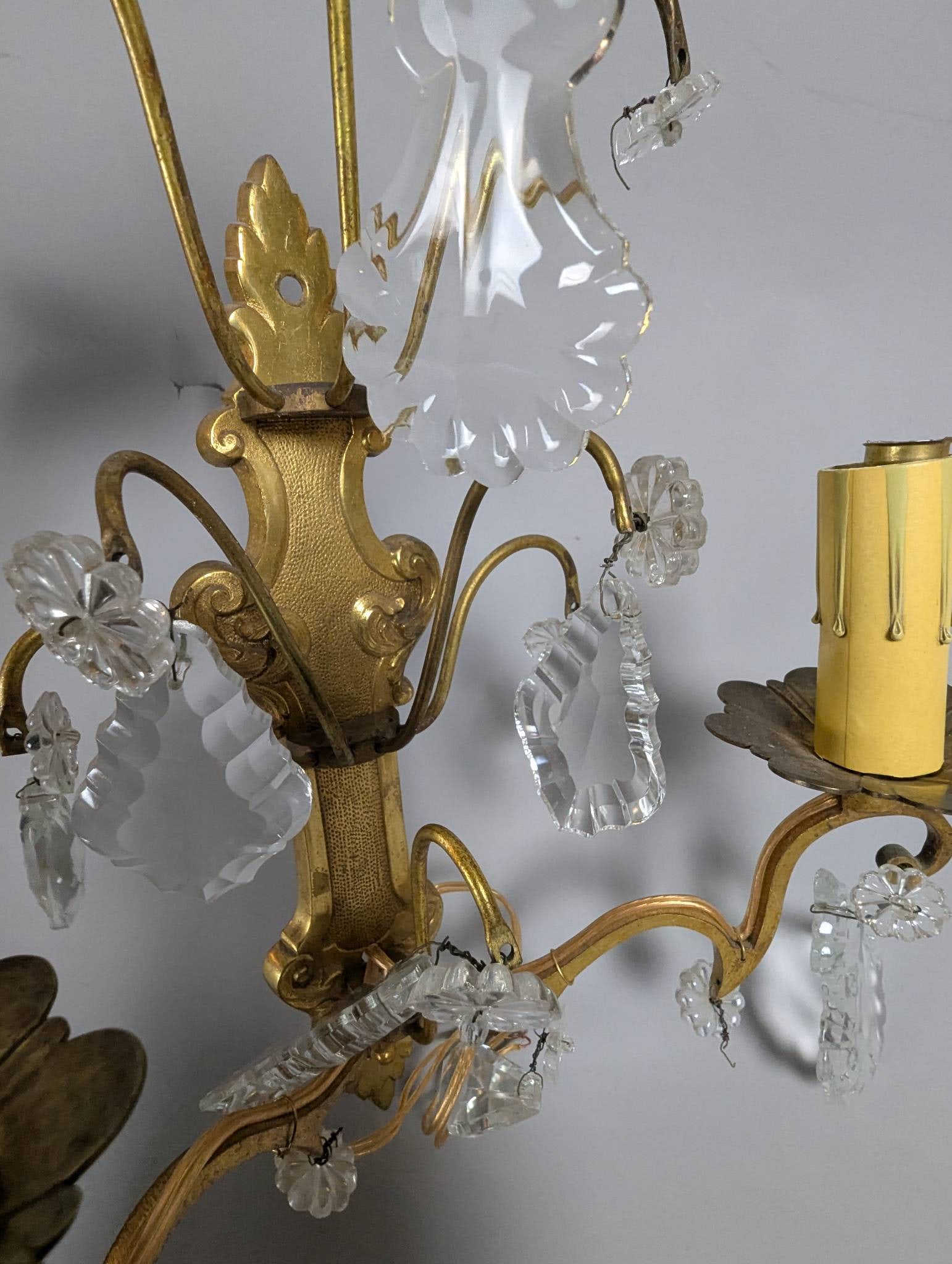 Vintage French Bronze and Crystal Wall Sconces with Candle-Style Bulb Fixtures - 4