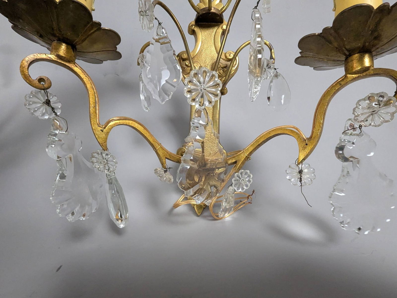 Vintage French Bronze and Crystal Wall Sconces with Candle-Style Bulb Fixtures - 5