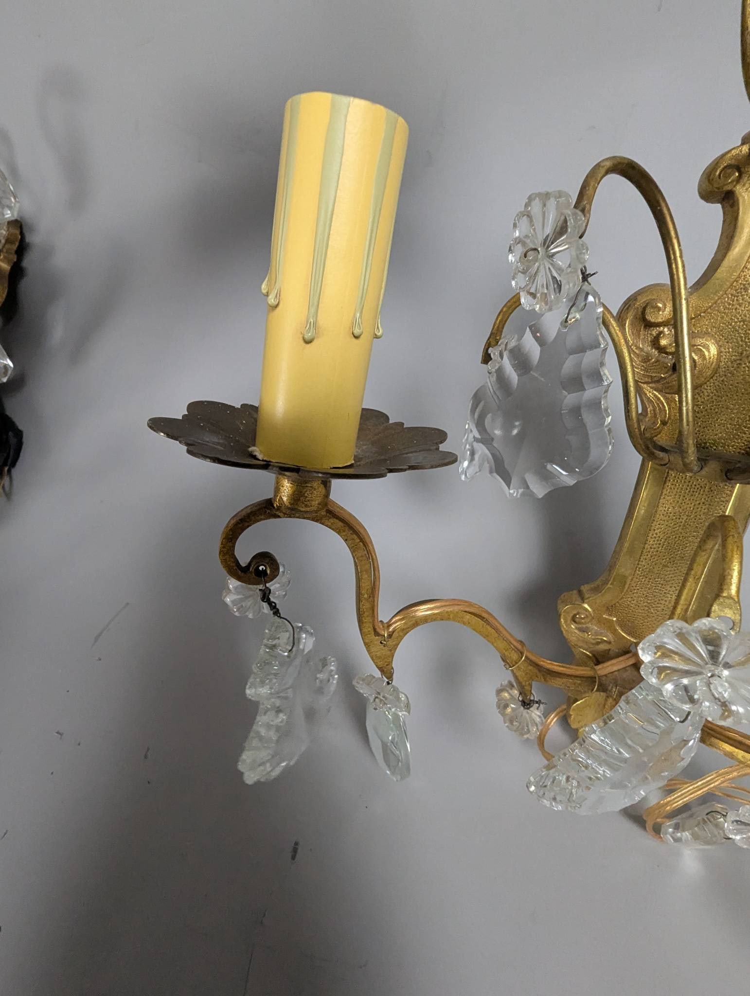 Vintage French Bronze and Crystal Wall Sconces with Candle-Style Bulb Fixtures - 6