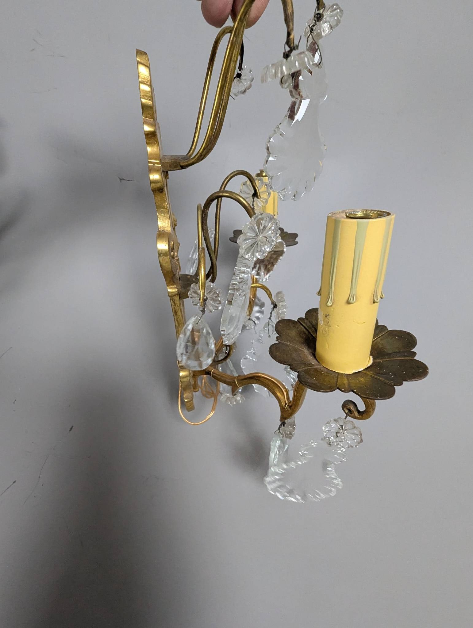 Vintage French Bronze and Crystal Wall Sconces with Candle-Style Bulb Fixtures - 7